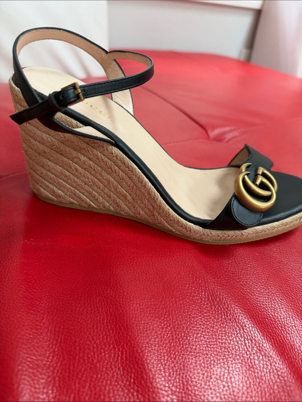 Gucci Black Leather GG Logo Wedge Espadrilles - Picture 4 of 4